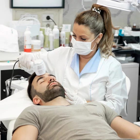 Dermatologue en pleine séance de cryothérapie avec un patient